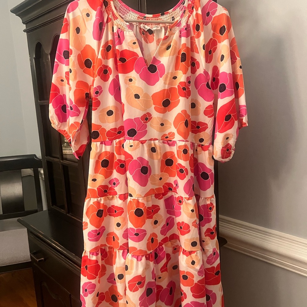 Vibrant Floral Midi Dress in Pink and Orange